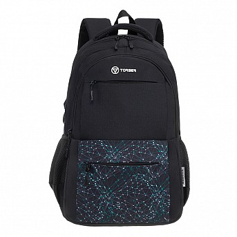 Рюкзак TORBER CLASS X, черный с орнаментом, 45 x 30 x 18 см + Мешок для сменной обуви в подарок!!