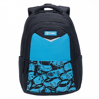 Рюкзак TORBER CLASS X, чёрный/синий с орнаментом, 43 х 32 х 13 см+ Мешок для сменной обуви в подарок