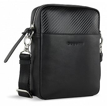 Сумка наплечная мужская BUGATTI Comet, чёрная, воловья кожа/полиэстер, 17х4,7х21 см