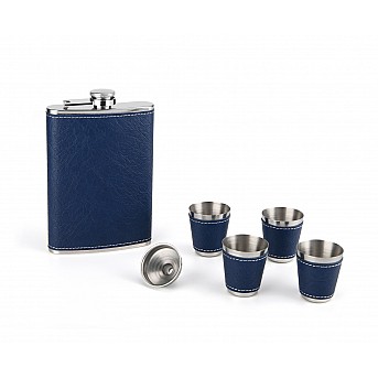 Набор S.Quire фляга 0,24 л, 4 стопки, воронка, сталь, искусственная кожа, синий