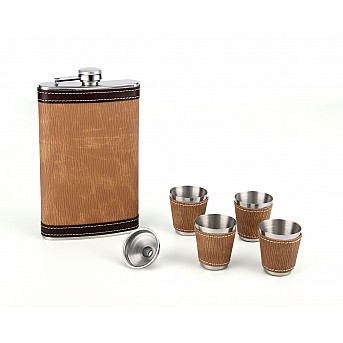 Набор S.Quire фляга 0,27 л, 4 стопки, воронка, сталь, искусственная кожа, коричневый