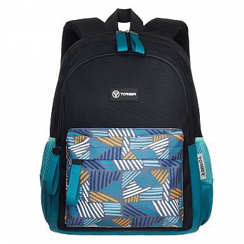 Рюкзак TORBER CLASS X Mini, чёрный/бирюзовый с орнаментом, полиэстер 900D + Мешок для обуви в подаро